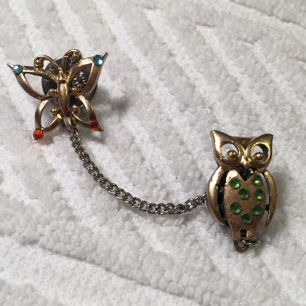 Vintage chatelaine owl butterfly pin